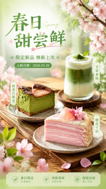 清新春日风格甜品店新品封面海报，写实商业摄影，三种甜品：抹茶巴斯克、樱花白桃千层、艾草青团拿铁分层三角陈列，木承托台面。整体浅青绿色调搭配粉色樱花点缀，明亮柔和春日自然光，背景虚化，前景点缀飘落的樱花预览效果