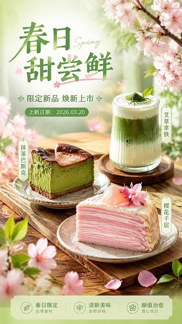 清新春日风格甜品店新品封面海报，写实商业摄影，三种甜品：抹茶巴斯克、樱花白桃千层、艾草青团拿铁分层三角陈列，木承托台面。整体浅青绿色调搭配粉色樱花点缀，明亮柔和春日自然光，背景虚化，前景点缀飘落的樱花花瓣和嫩绿枝叶，治愈甜香氛围。画面包含清晰文字：主标题"春日甜尝鲜"，副标题"限定新品 焕新上市"，上新日期"上新日期：2026.03.20"，卖点标签"抹茶巴斯克""樱花千层""艾草拿铁"。文字清晰可读，排版分区合理，版式精美，9:16竖版构图。