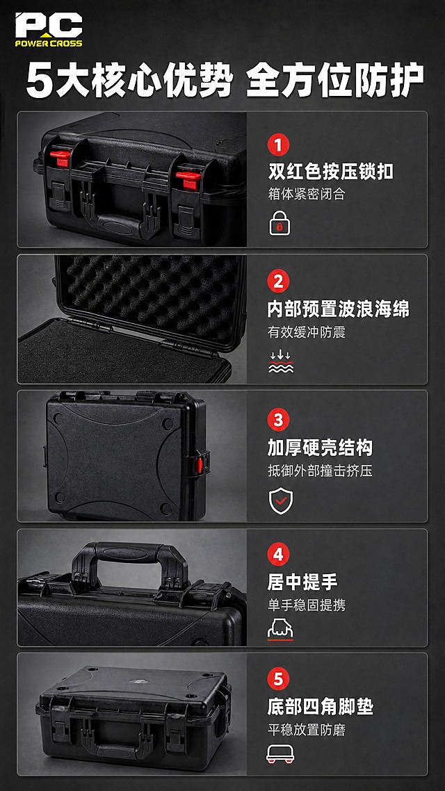 [商品] 使用【图1】【图3】【图4】【图5】手提防护箱多角度图；保留黑色硬壳箱体、红色锁扣、波浪海绵内衬、提手、脚垫、PC POWER CROSS Logo，产品外观完全不变。
[画面] 核心卖点总览页，上标题下五栏版式。顶部1/5区域放板块标题，下方纵向排列5个卖点条，每个卖点条左侧配对应产品局部细节图，右侧配卖点文字。深灰背景，每个卖点条用稍浅灰色横条卡片承载，之间有细微间隔。
[视觉] 套系策略：风格=简约工业风，干净高级商业摄影质感；标题字=粗黑体，硬朗有力；正文字=简洁无衬线黑体；主色=深炭黑+深灰；背景延展=深灰底色，卡片用中灰做深浅层级；强调色=锁扣红（用于卖点编号小圆点、图标高亮）；标题色=白色；正文色=浅灰色；组件=横向信息条、红色编号圆点、简洁线性图标；光影=统一硬光质感，产品局部图保持原光影。
[文字] 顶部大标题"5大核心优势 全方位防护"。5个卖点从上到下：1.双红色按压锁扣，箱体紧密闭合 2.内部预置波浪海绵，有效缓冲防震 3.加厚硬壳结构，抵御外部撞击挤压 4.居中提手，单手稳固提携 5.底部四角脚垫，平稳放置防磨。每个卖点条左侧为编号+局部图，右侧为文字说明，全部横向排版，清晰可读。
[规格] 图片比例9:16竖版，4K，避免产品变形、花哨装饰、文字过小、颜色偏差。