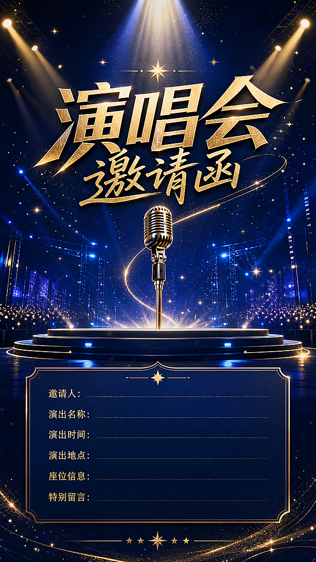设计一份时尚高级的演唱会邀请函，画面包含聚光灯、舞台和麦克风元素，整体风格炫酷潮流，主标题文字“演唱会邀请函”，下方预留邀请信息填写区域，背景使用深蓝渐变搭配金色星光效果