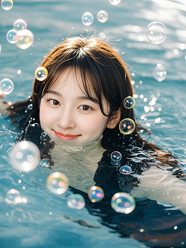 超写实摄影，水下摄影，一位女孩在水下，正面视角，面带微笑，气泡装饰，杂志大片，梦幻感，情绪渲染