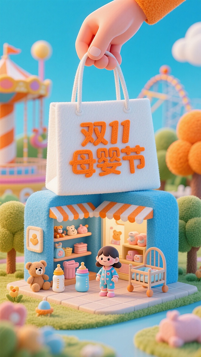 这幅画面以蓝橙色调为主，画面中央是一个巨大的白色购物袋，上面用橘色字写着“双11母婴节”。袋子中间有一个售卖母婴用品的商店：一个身穿家居服的女孩、毛绒玩具、奶瓶、摇篮等。上方有一只大手正打开袋子。背景是游乐园。毛毡风格。高饱和色彩。
