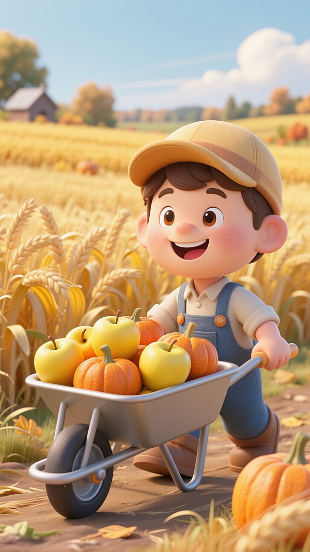 软3D风卡通设计，可爱小男孩推着装满南瓜和苹果的手推车，金黄麦田背景，丰收节氛围。