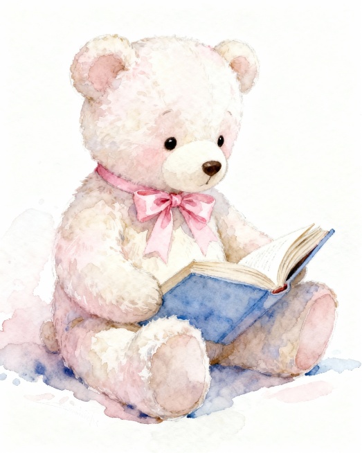 淡彩水彩风的戴着粉色丝带蝴蝶结的坐姿看书泰迪熊预览效果