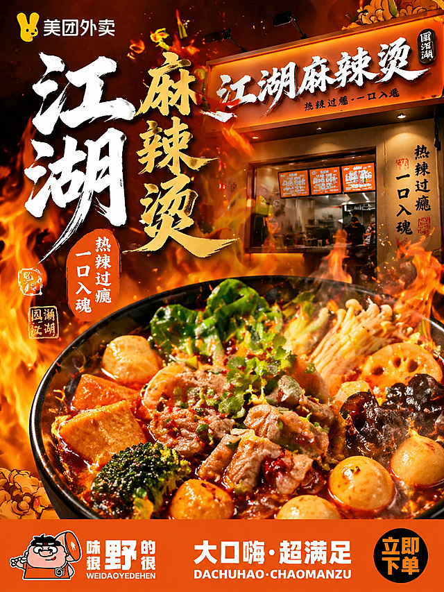 参考图的国潮江湖风设计，美团外卖麻辣烫门店照片墙，热辣麻辣烫菜品，火焰背景，橙色底部排版，带国潮书法文字，简洁有食欲