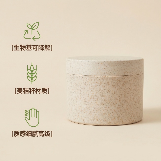 [主图 2] 核心卖点展示图，环保生物基可降解卖点，环保质感风。商业摄影质感、光线柔和通透、产品清晰真实、画面干净高级。保持原产品外观完全不变，产品居中放置，左侧垂直排列3个卖点，每个卖点配简约图标，预览效果