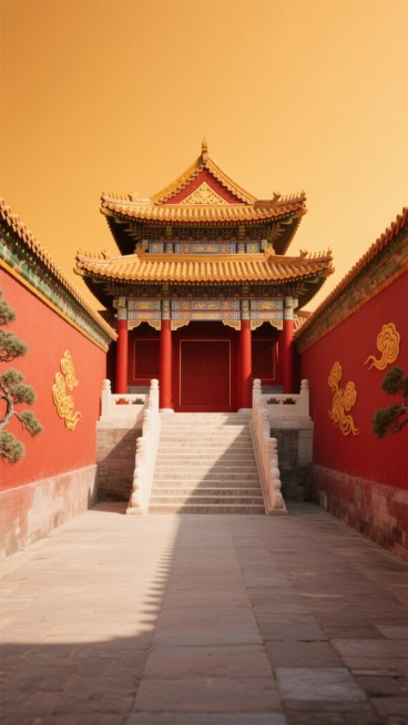 具有浓厚中国传统文化韵味的故宫场景，主体为一座巍峨的宫殿建筑，其屋顶为传统的歇山顶样式，覆盖着黄色的琉璃瓦，屋檐下装饰着精美的斗拱和彩绘，宫殿的墙体为红色，廊柱为朱红色，台阶为汉白玉材质，整体呈现出庄重、威严的氛围。画面采用对称式构图，以宫殿为中心，两侧是红色的宫墙，宫墙上装饰着金色的祥云图案和松枝纹样，背景为温暖的橙黄色，营造出一种古朴、典雅的东方意境，干净的视觉风格，符合现实建筑逻辑，适合……预览效果
