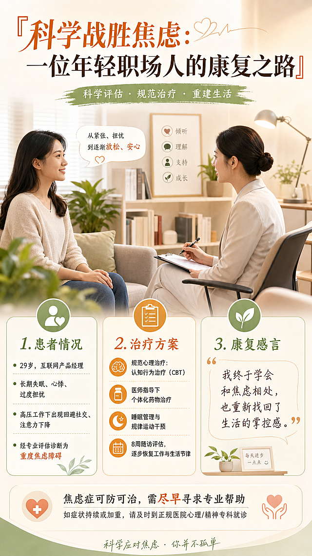 医疗科普图文海报，主题是重度焦虑症治疗案例，标题为“科学战胜焦虑：一位年轻职场人的康复之路”，内容包含年轻互联网女白领在心理咨询室接受治疗的温馨场景，配文标注患者情况、治疗方案和治愈感言，风格清新专业，暖色调，适合医学科普宣传