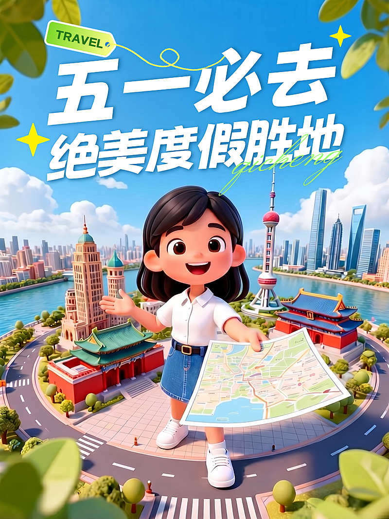 五一劳动节营销旅游出行卡通风小红书封面