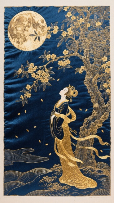 画面是一幅精致的刺绣画，以深青色缎面为底，一轮圆月由金线盘绣而出，月下桂花树用细密丝线绣成，花瓣洒落。树下嫦娥仰头望月，整体金光流淌，庄重华美预览效果