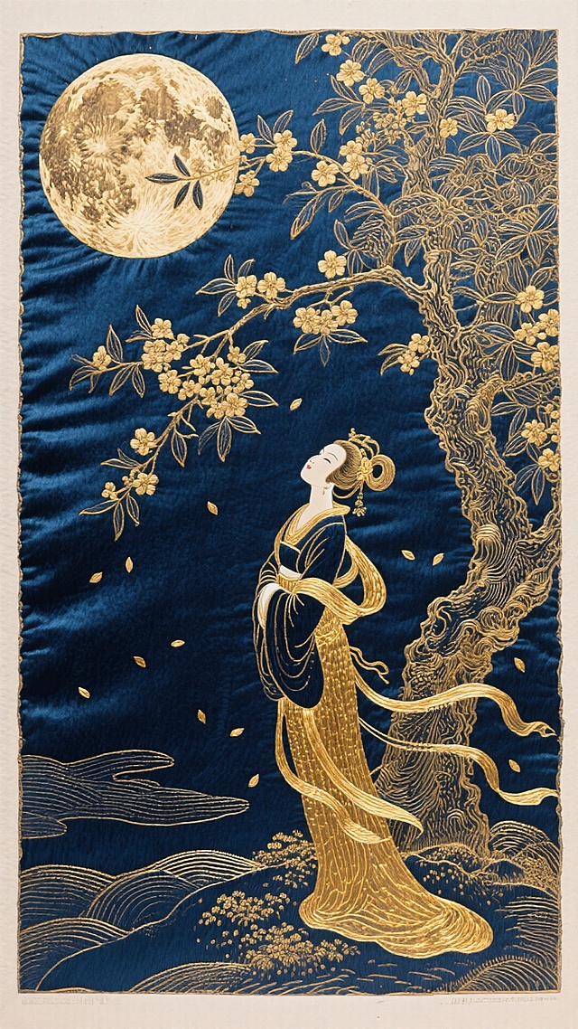 深蓝底色上，金线刺绣勾勒出古典仕女仰望明月，枝头繁花似锦，鎏金工笔风尽显中式唯美与静谧浪漫。
