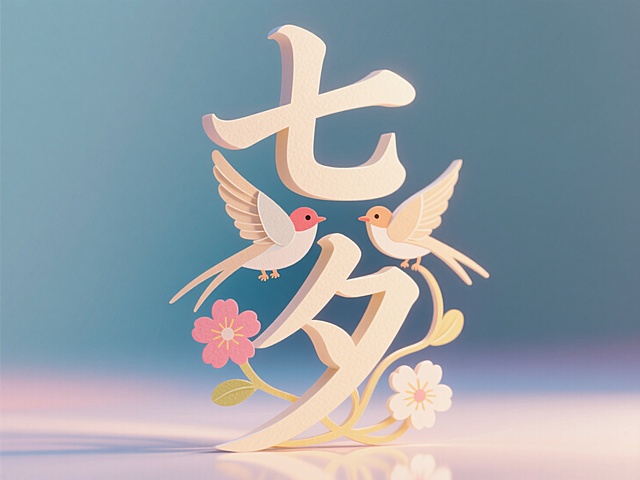 竖向浅色文字"七夕"，线条流畅，纸雕艺术字。创意字体设计点缀两只喜鹊、花朵元素，童趣活泼，浪漫七夕氛围。