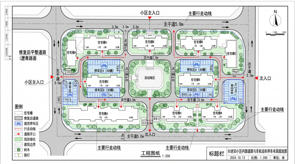 生成并优化3张以上专业图纸，XX花园为建成22年的老旧住宅小区，总占地面积5200㎡，共计6栋住宅楼，常住居民380户。小区现存雨污管网混流、管道破损堵塞、内部道路开裂坑洼、无规范非机动车停车区域、绿预览效果