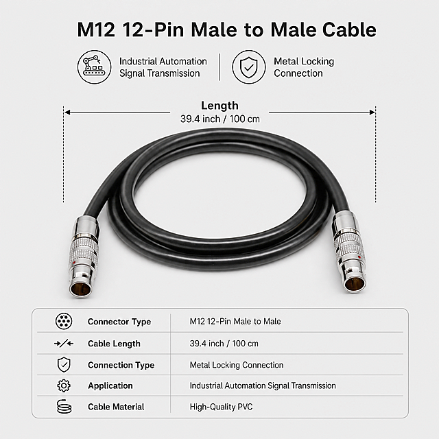 [Main Image 5] Product size specification. Keep original product appearance, add clear dimension labels in Inch and CM on light gray background: Length 39.4inch / 100cm. Add English specification notes: "M12 12-Pin Male to Male Cable", "Industrial Automation Signal Transmission", "Metal Locking Connection". All text in English, clean layout. 1:1 square.