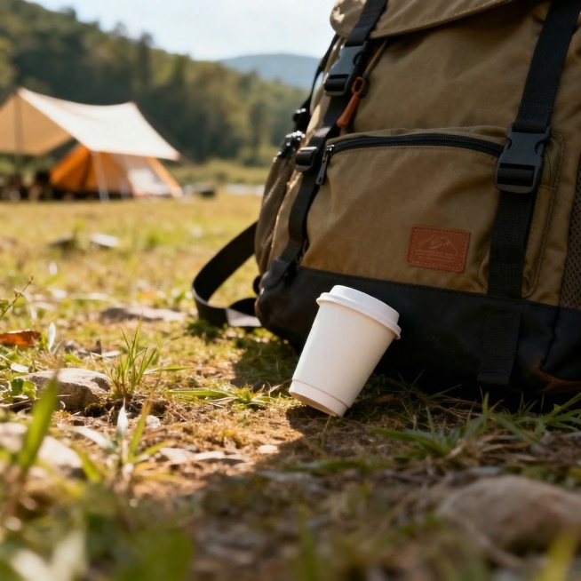 去掉图片中的所有文案文字，保留其他内容不变，户外场景，露营或旅途途中，迷你装咖啡随意放置在背包旁边预览效果