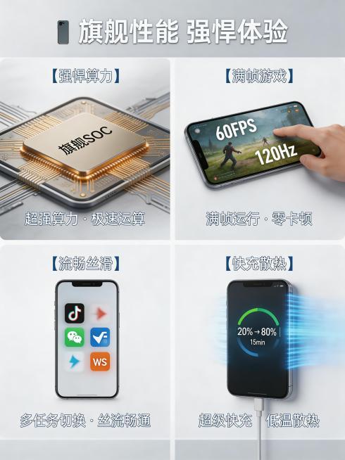 2x2拼图电商主图，四张手机性能卖点场景组合，左上为手机芯片性能特写，右上为手机游戏满帧运行场景，左下为手机流畅丝滑展示，右下为手机快充散热功能，极简高级科技背景，居中对称构图，柔和商业布光，超写实，预览效果