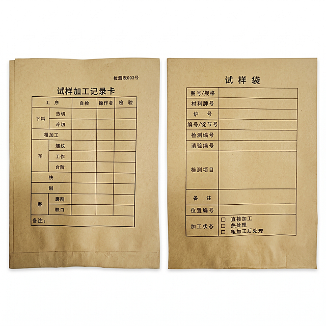 完美白底图, 绝对 #FFFFFF 纯粹白底填充
主体绝对居中、上下留白尽量相等、主体默认占画面85%，水平视角正视，垂直视角平视，自动水平校准、轻度透视矫正、几何垂直对齐
保留2个牛皮纸试样袋试样加工记录卡产品主体，保留原表格文字和纸张结构。
仅保留商品主体本体，删除所有非商品元素；图片外的灰色墙面均不属于商品主体，必须全部去除。
本次任务仅为商品精修与背景处理，绝对严禁重新设计、打乱重组或结构变形，必须保留原图中所有表格文字和商品元素的数量、形态和相对位置关系。
仅允许商品接地处保留轻微、局部接触阴影，其余背景保持纯白
[需画质提升] 极致超清画质，高清细节增强，拒绝模糊和像素化
[需背景强清除] 彻底去除所有非商品背景元素和背景残留，背景区域只能是干净纯白
[需边缘平滑] 去锯齿去毛边，边缘自然清晰
[需深度清洁] 去污、去氧化，保留纸张原本黄褐色