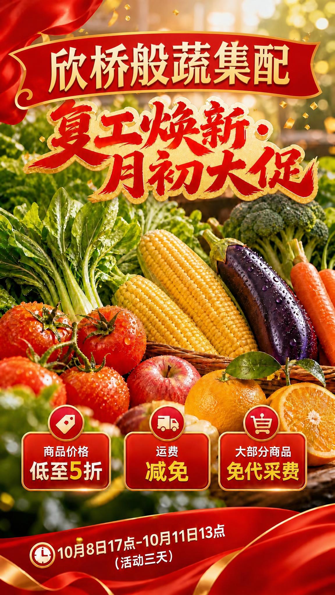 基于这张生鲜果蔬促销海报进行修改：去掉顶部红色横幅中"低至5折… - 图片创意预览