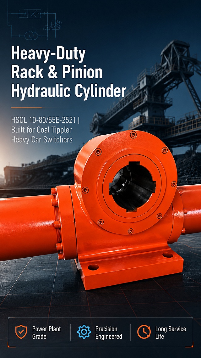 [第1屏] Professional hero header for HSGL 10-80/55E-2521 Rack and Pinion Hydraulic Cylinder product detail page. This screen uses [image7] as the main product subject showing the rack and pinion rotary actuator with its central splined bore and mounting base.

[氛围/风格] Industrial minimalist engineering aesthetic, commercial product photography quality, professional and trustworthy heavy machinery vibe, clean technical presentation.

[元素布局] The rack and pinion hydraulic cylinder is positioned center-right, occupying about 55% of the frame, shown from a slight low-angle three-quarter view highlighting the circular pinion housing, side cylinder barrels, and bottom mounting flange with bolt holes. Left side is reserved for title and subtitle text area. Background features a subtle power plant industrial scene with coal tippler machinery silhouettes in soft focus at the far background, mid-ground has a dark gray gradient floor with faint grid lines suggesting a factory floor. Small floating technical line drawings of hydraulic symbols decorate the upper left corner. The product's bright orange-red paint finish, bolt details, splined inner bore, and mounting base structure must match the input product photo exactly.

[光影质感] Main light from upper left at 45 degrees, soft and directional, creating clean highlights on the cylindrical surfaces and bolt heads. Fill light from right side to reduce harsh shadows. Subtle ambient occlusion under the mounting base. The orange paint has a semi-gloss industrial enamel finish with realistic reflections.

[配色色系] Global background color #1A2332 deep navy blue gradient; primary accent color #E84A1F industrial orange matching the product; secondary color #4A90D9 technical blue; text color #FFFFFF white and #B0BEC5 light gray.

[视角构图] Slightly low angle three-quarter view, shallow depth of field with product in sharp focus, background softly blurred. Reading flow: top-left headline → left subtitle → center product → bottom info strip.

[文字版式] Left-aligned layout with title area on the left and product on the right. Main title in large bold sans-serif: "Heavy-Duty Rack & Pinion Hydraulic Cylinder", subtitle below in smaller light gray: "HSGL 10-80/55E-2521 | Built for Coal Tippler Heavy Car Switchers". Bottom horizontal info bar with three feature tags: "Power Plant Grade", "Precision Engineered", "Long Service Life". All text in English, no Chinese characters. Text does not obscure the main product body.

[比例分辨率] 9:16 vertical ratio, 4K resolution, crisp legible text, high definition quality.

[负向提示词] product deformation, missing parts, wrong structure, color deviation, Chinese characters, watermark, text garbled, text too small, blurry product, cluttered background, distorted bolt patterns, wrong spline shape