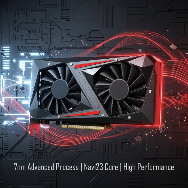 RX 6600 XT graphics card, black and red color scheme, centered, slightly仰视, dark gray sci-fi backgro预览效果