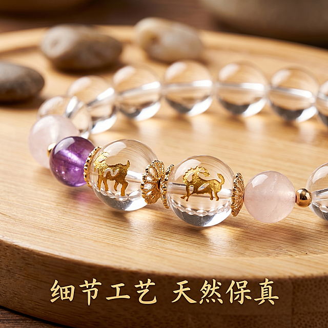 [主图 2] 六合马羊紫粉水晶手串核心细节展示
[氛围风格] 新中式禅意佛系静物摄影风，中式禅意原木茶桌场景，搭配天然石块小摆件，背景虚化，营造静谧有文化底蕴的氛围感
[画质] 8K超高清商业摄影级，微距特写，细节拉满，1:1还原天然材质，无塑料感、无廉价感，色彩真实无偏差，产品清晰真实，画面干净高级
[元素] 对马羊描金生肖珠进行微距特写，描金生肖珠放置在画面核心，商品主体占比约70%。保持珠子外观、物理结构、材质质感、颜色与输入产品图绝对一致，杜绝任何变形和色差，精细化处理。背景搭配浅原木茶桌面和小块天然石，背景虚化突出细节。画面满屏无边框
[光影] 暖金色柔和侧逆光漫射光，光线通透温润，精准凸显描金工艺和水晶的冰透感，打造天然高级质感，无硬光、无过曝，高光不溢、暗部有层次
[配色] 主色调原木浅棕，搭配透明水晶底色，金色描金点缀，整体温润自然
[视角构图] 微距平视特写，浅景深突出珠子细节，产品轮廓完整不裁切
[文字版式] 底部负空间居中对齐留安全边距，文字 "细节工艺 天然保真" 暖金色中式书法字体，排版简洁不抢主体风头
[比例分辨率] 1:1比例，2048*2048分辨率，文字清晰锐利，超高清
[负向提示词] 变形，水印，文字错乱，产品图模糊，背景杂乱，牛皮癣，配色刺眼，遮挡主体，迷信违禁词