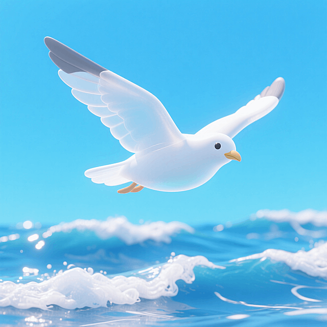 一只海鸥飞在海浪上方，天蓝色背景