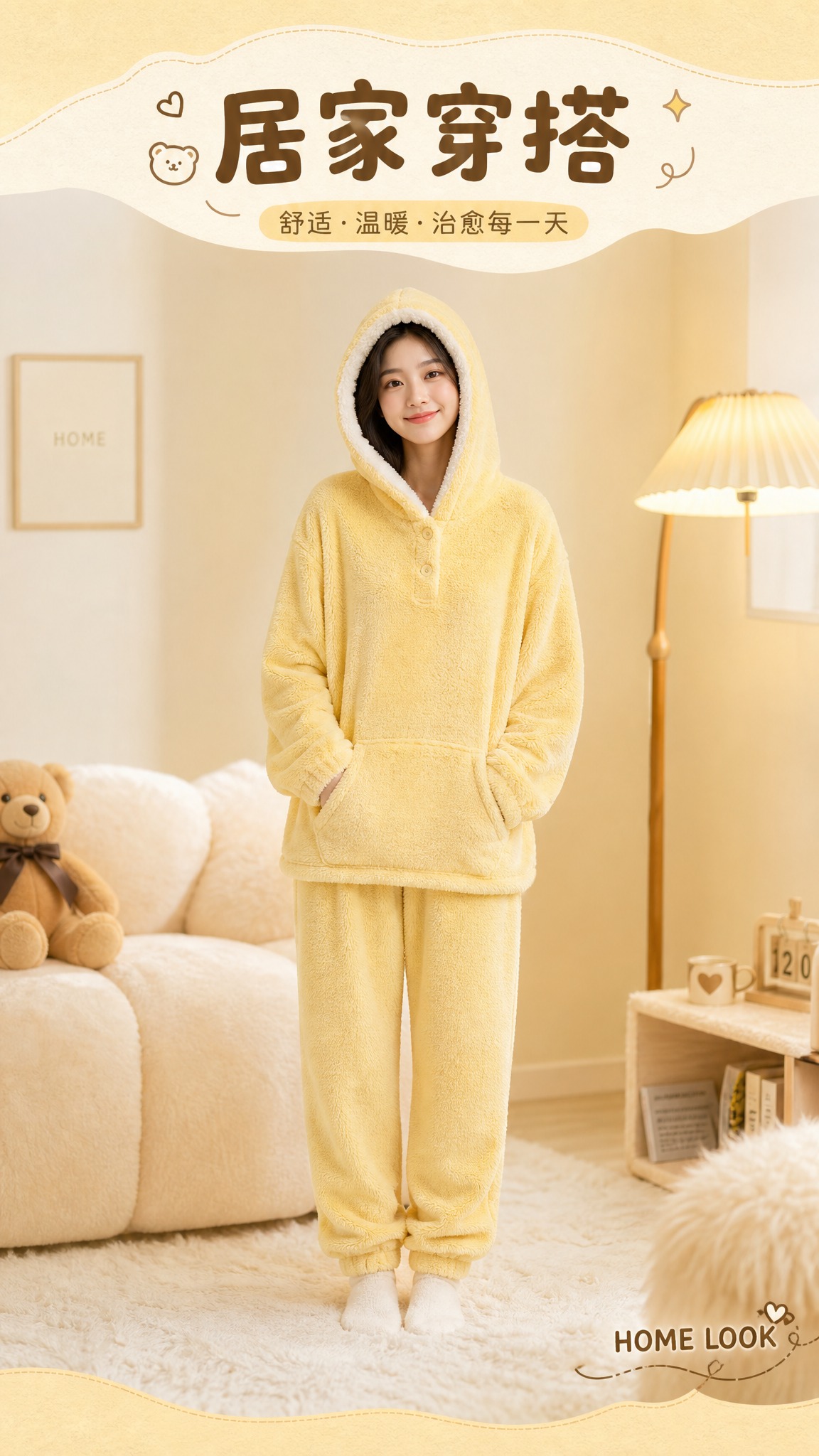 [商品] 使用【图1】奶黄色连帽珊瑚绒睡衣套装；商品处理：保留… - 图片创意预览