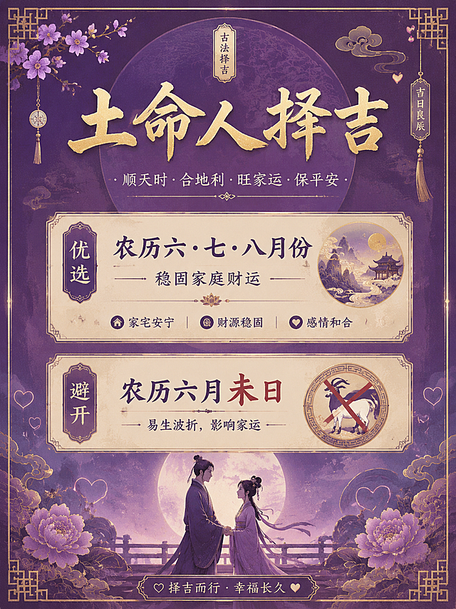 土命人择吉页，比例三比四，紫色背景搭配古代传统纹路和爱情元素，标题土命人择吉，优选农历六七八月份，稳固家庭财运，避开农历六月未日，排版清晰，古法浪漫风格