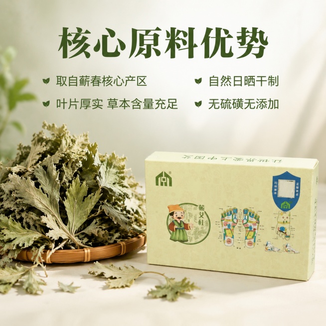 「图片1」，生成一套主图（5张），商品名称是中艾国灸蕲艾叶，卖点是一、核心产品卖点
（一）原料产地品质优势
道地蕲春原产蕲艾叶，原料底子优质
取自湖北蕲春核心艾草产区，自然成熟采收，叶片厚实完整、纤维预览效果