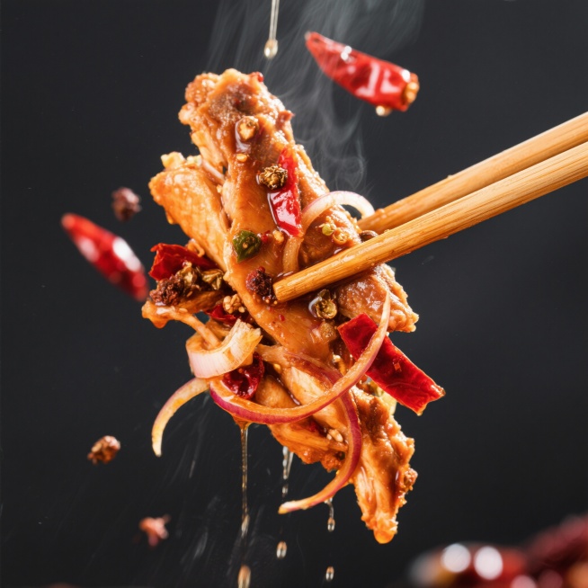 视角： 微距摄影，极度特写。

动作： 用叉子挑起一束裹满酱汁的鸡肉，画面动态。

细节： 展示鸡肉纤维、半透明的洋葱丝、辣椒片、悬挂的油滴和可见的花椒。

质感： 超详细的纹理。

光影： 戏剧性的预览效果