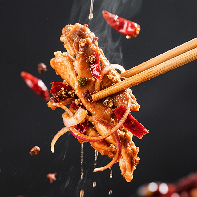 视角： 微距摄影，极度特写。

动作： 用叉子挑起一束裹满酱汁的鸡肉，画面动态。

细节： 展示鸡肉纤维、半透明的洋葱丝、辣椒片、悬挂的油滴和可见的花椒。

质感： 超详细的纹理。

光影： 戏剧性的侧光，暗调背景，电影感。生成十张，不一定非用叉子叉，也可以是筷子夹起来或者勺子