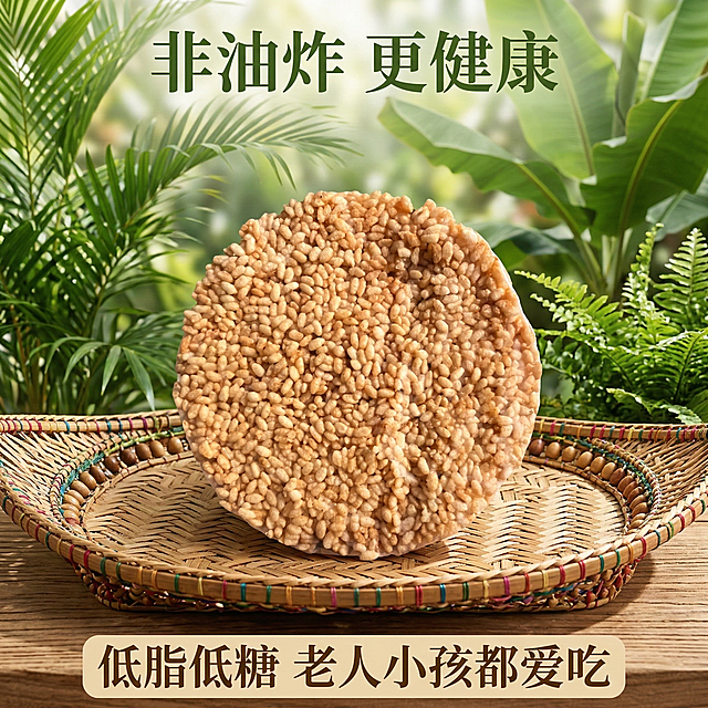 傣族米花电商主图，800×800尺寸。顶部卖点「非油炸 更健康」，产品放置在傣族特色竹编托盘上，背景搭配绿植点缀，底部标注「低脂低糖 老人小孩都爱吃」，清新自然风格，突出健康属性。