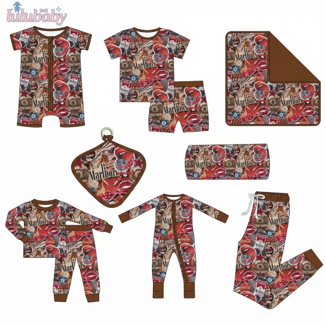 将第二张图的图案缩小到原大小的10%，分别填充到第一张图的8个产品款式中，保留白底背景不填充图案，把所有单色部分的边条修改填充为棕色，将第三张图的"lulubaby"logo放置在整张图的左上角或者右预览效果