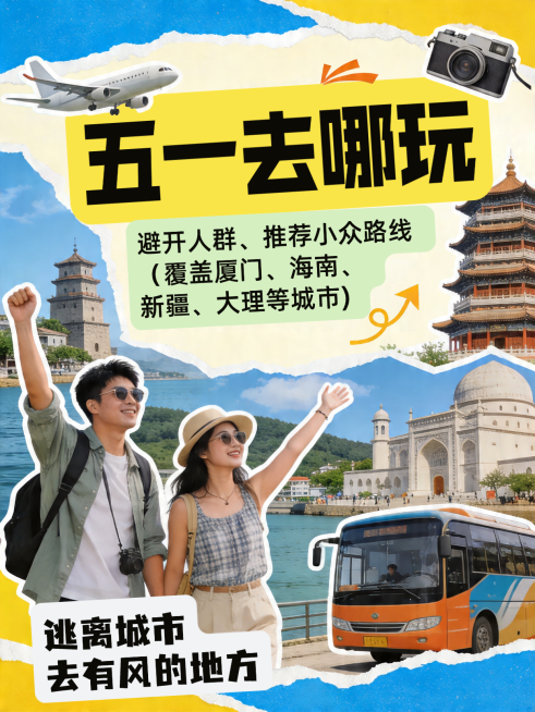 蓝色趣味拼贴五一去哪玩春游出行小众路线经验分享小红书封面预览效果