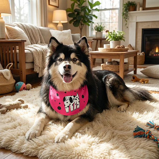 以图中的狗围兜为元素,设计4张跟狗围兜有关的图，比例 「1:1」