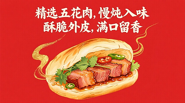 一张西关候肉夹馍的海报，背景为纯红色，中央是一个色泽金黄、外皮酥脆、肉质饱满的肉夹馍特写，热气腾腾，肉汁欲滴，香菜和青椒点缀其间，展现出色香味俱全的视觉效果。海报上方有两句毛笔手写风格的广告文案，分别是“精选五花肉，慢炖入味”和“酥脆外皮，满口留香”，字体具有极强的艺术写作风格，视觉震撼，笔画带有水墨笔刷效果，部分笔画巧妙延长并实际变形，整体画面充满食欲和传统韵味。