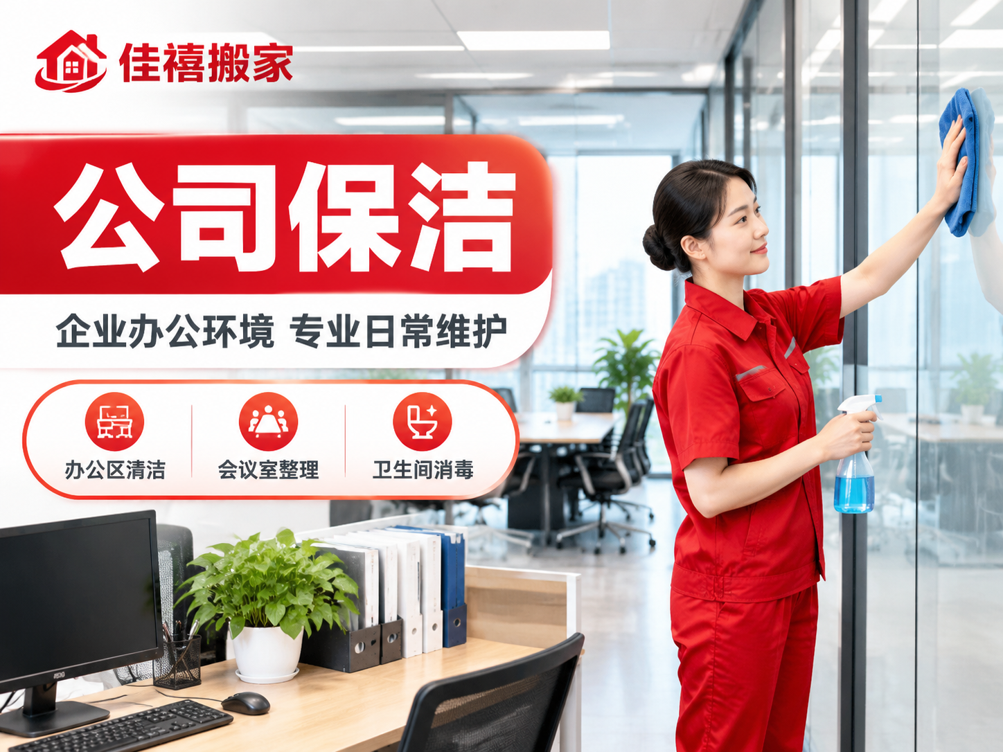 [主图-5] 公司保洁服务主题图，佳禧搬家品牌红色系家政保洁主… - 图片创意预览