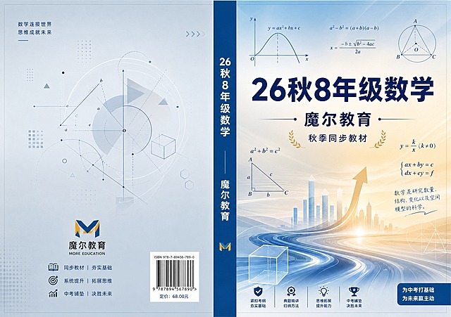 初中数学教材封面封底展开设计，横版A3尺寸420x297mm，左右展开式布局。整体浅色调，明亮大气。左侧为封底，浅蓝灰色背景，底部有魔尔教育logo和MORE EDUCATION小字，上方有复杂几何图形简约图案装饰。中间为书脊区域，竖排写26秋8年级数学和魔尔教育。右侧为封面，浅蓝金渐变背景，中央偏上用大号深蓝色粗体字写主标题26秋8年级数学，下方写魔尔教育，再下方写秋季同步教材。周围有函数图像、几何定理、数学公式等元素点缀，整体专业大气，有中考铺垫感。版式精美，四周留安全边距。画面中所有信息区域必须填充完整合理的内容。