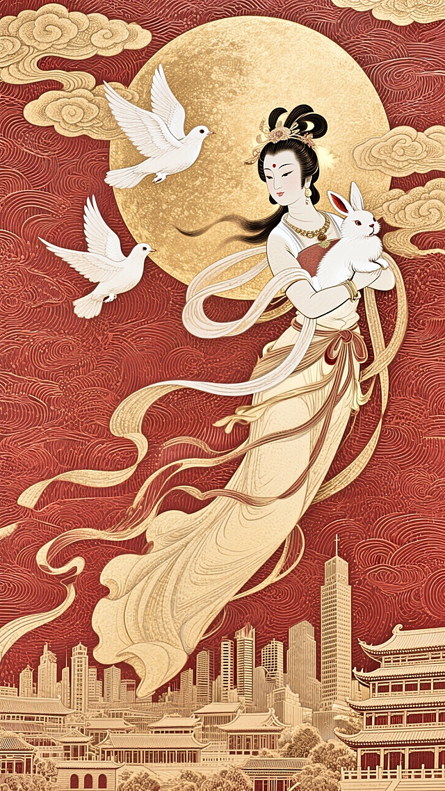 嫦娥呈飞天姿势，怀抱一只兔子，空中飞舞着两只白鸽。底部微缩的繁华的中式+现代的建筑群后，祥云环绕，背后巨大的月亮，非常规构图，金色+红为主色调