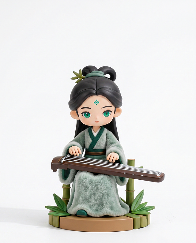 单独提取图片中的洛神赋手办人物，保留底座，去除背后的包装盒，将背景修改为纯白色，正面展示人物