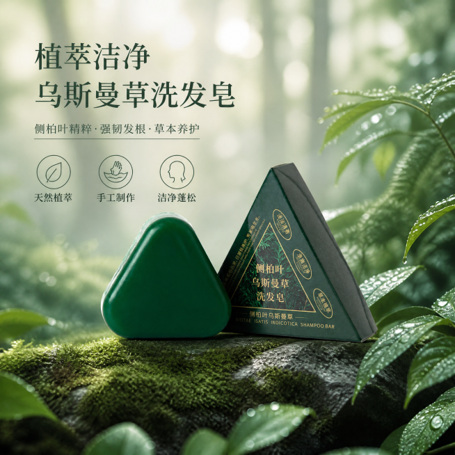 乌斯曼洗发皂，展示手工制作天然草本属性，墨绿森林清新场景，凸显植萃洁净卖点，拼多多商品主图，整体简约干净预览效果