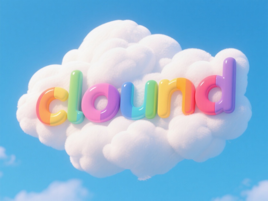 正面视角，蓝天，标题用云朵组成的形状彩虹色“clound“，文字配色为白色系，氛围感元素装饰预览效果