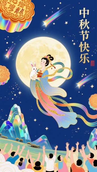 梦幻奇幻风格，嫦娥仙女抱着玉兔飘在半空中，天降月饼，陆地上众人欢呼，山水琉璃，天上明月高挂，星空闪烁，神秘色彩，画面适当位置中文艺术字“中秋节快乐”预览效果