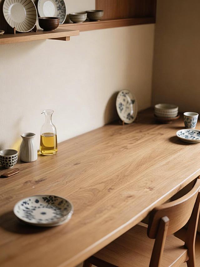 保留原图中木质桌面和所有餐具摆件的位置和样式，保持原木风温馨日系氛围，扩展画面保持风格一致