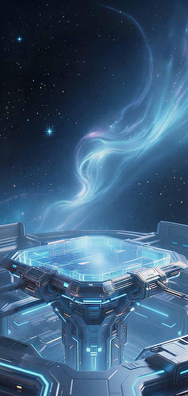 把展示台往下移动，然后让太空背景的景色更长一点，然后不要弄太空舱顶，