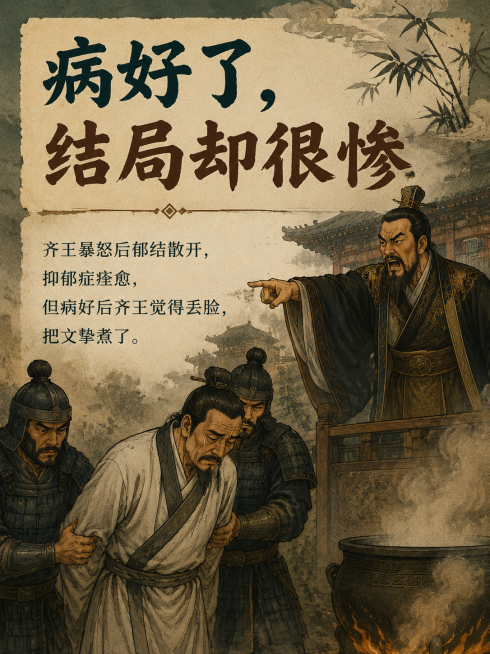 国风插画风格，怒愈疾病结局科普配图，标题文字"病好了，结局却很惨"，正文：齐王暴怒后郁结散开，抑郁症痊愈，但病好后齐王觉得丢脸，把文挚煮了，画出齐王暴怒，文挚被押走的场景，古朴青棕配色，检查文字无错别预览效果