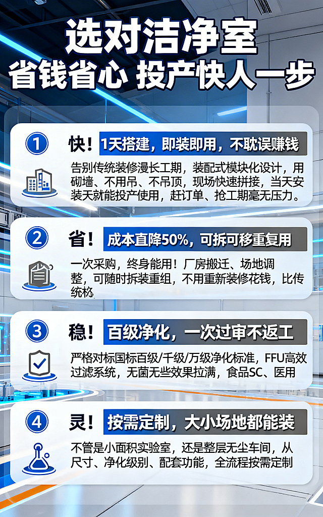 工业营销爆款风电商竖版4大核心卖点板块海报，主色调为科技蓝、纯净白、高级深空灰。顶部加粗醒目大标题「选对洁净室 省钱省心 投产快人一步」。4大核心卖点分块独立排版，每个卖点带专属图标+加粗卖点标题+利益点文案，分别是：①【快！1天搭建，即装即用，不耽误赚钱】文案：告别传统装修漫长工期，装配式模块化设计，不用砌墙、不用吊顶，现场快速拼接，当天安装当天就能投产使用，赶订单、抢工期毫无压力。②【省！成本直降50%，可拆可移重复用】文案：一次采购，终身能用！厂房搬迁、场地调整，可随时拆装重组，不用重新装修花钱，比传统无尘车间节省一半以上成本，小预算也能做高标准净化。③【稳！百级净化，一次过审不返工】文案：严格对标国标百级/千级/万级净化标准，FFU高效过滤系统，无菌无尘效果拉满，食品SC、医用GMP、实验室ISO认证，一次过审，不用反复整改。④【灵！按需定制，大小场地都能装】文案：不管是小面积实验室，还是整层无尘车间，从尺寸、净化级别、配套功能，全流程按需定制，异形场地、层高限制，都能完美适配。整体排版工整，卖点突出，蓝白配色强化专业感，每块卖点区分清晰，手机端滑动不费眼，无冗余杂乱元素。