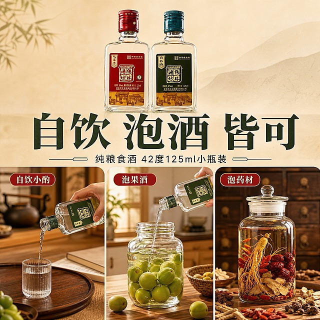 [主图-5] 多场景适用 自饮泡酒皆可 纯粮食酒小瓶装
[统一基调] 抖音1:1方形主图 国风品质感 自然清新草本调性 深墨绿主标题字 米白辅助字 金色强调色 粗宋标题字体 细黑体辅助文案 整体暖调柔光 突出酒体质感与草本原料氛围
[画面] 画面采用三栏并列布局 展示三种饮用场景 左栏"自饮小酌"场景 一只手正拿着喜荞酒往玻璃杯中倒酒 酒线细长 背景是温馨的中式茶几日式暖光 中栏"泡果酒"场景 玻璃泡酒瓶中放满青梅 倒入喜荞酒 背景是厨房木台面 右栏"泡药材"场景 玻璃泡酒瓶中有人参枸杞等药材 背景是中式药柜 顶部居中放喜荞酒小瓶产品图 下方大标题 整体生活感强 场景真实
[光影质感] 暖调自然光 每个场景都有柔和光影 酒液通透有光泽 玻璃质感真实 整体温馨有生活气息 商业摄影质感
[配色] 背景暖米色渐变 场景各自有主色调但整体统一 标题深棕色 场景标签红色圆角 文字白色 整体温暖有食欲感
[文字版式] 顶部大标题"自饮 泡酒 皆可"粗宋体 副标题"纯粮食酒 42度125ml小瓶装" 三个场景各有红色标签标注场景名称 文字清晰 层级分明
[输出要求] 1:1正方形 2048x2048 文字清晰可读 产品清晰不变形 无错字 无水印 无平台Logo 禁止饮酒入口动作 禁止诱导酗酒 禁止功效宣称