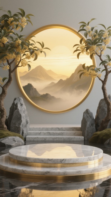前景特写一个大理石圆形展台，后景有大理石石阶和灰色岩石，两边岩石中伸出高大的桂花枝，背景是一轮带有金色边框的巨大圆形，黄昏时分被雾气笼罩的层叠山峦。金黄色调，磅礴氛围。预览效果