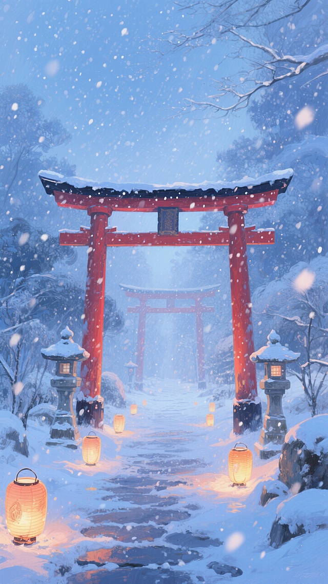 天空飘着细雪，远处有朱红色的鸟居隐约可见，冷蓝色调中点缀着灯笼的暖光，冬日静谧氛围